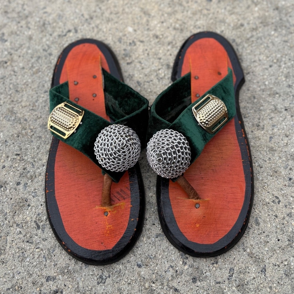 Ghanaian Handmade Leather Slippers Traditional Ahenema Men's Shoe Sandals Green